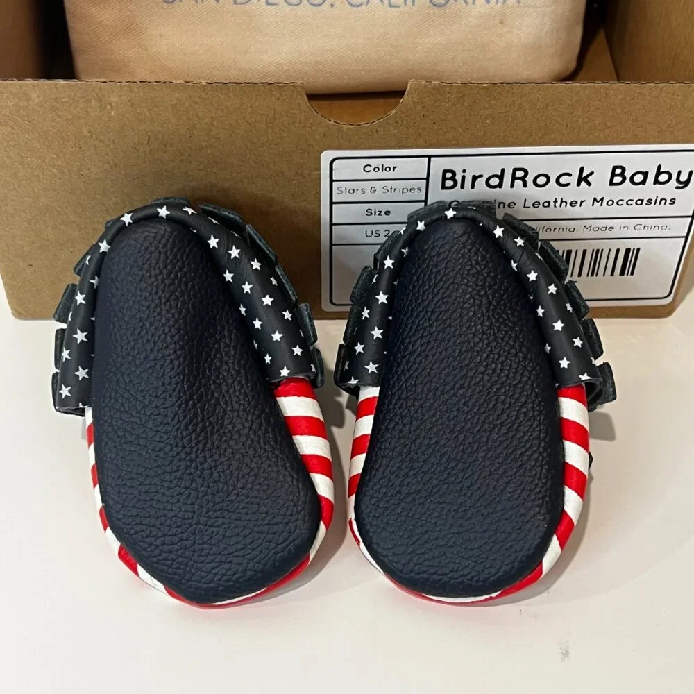 NIB! Bird Rock Baby Genuine Leather Moccasins Stars and Stripes Flag Size 2